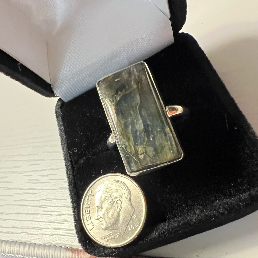 Blue Green Gray Emerald Cut Labrodorite Ring